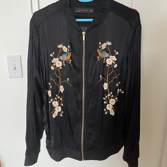 Satin Zara Embroidered Bomber Jacket with Birds - Picture 1 of 7
